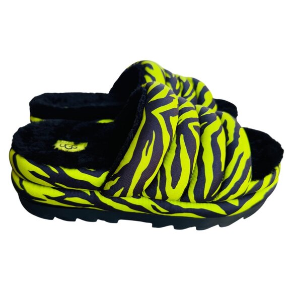 UGG Oh Yeah Slide Shoes Womens Size 8 Fuzzy Sandals Slippers Zebra Neon Green - Picture 1 of 13